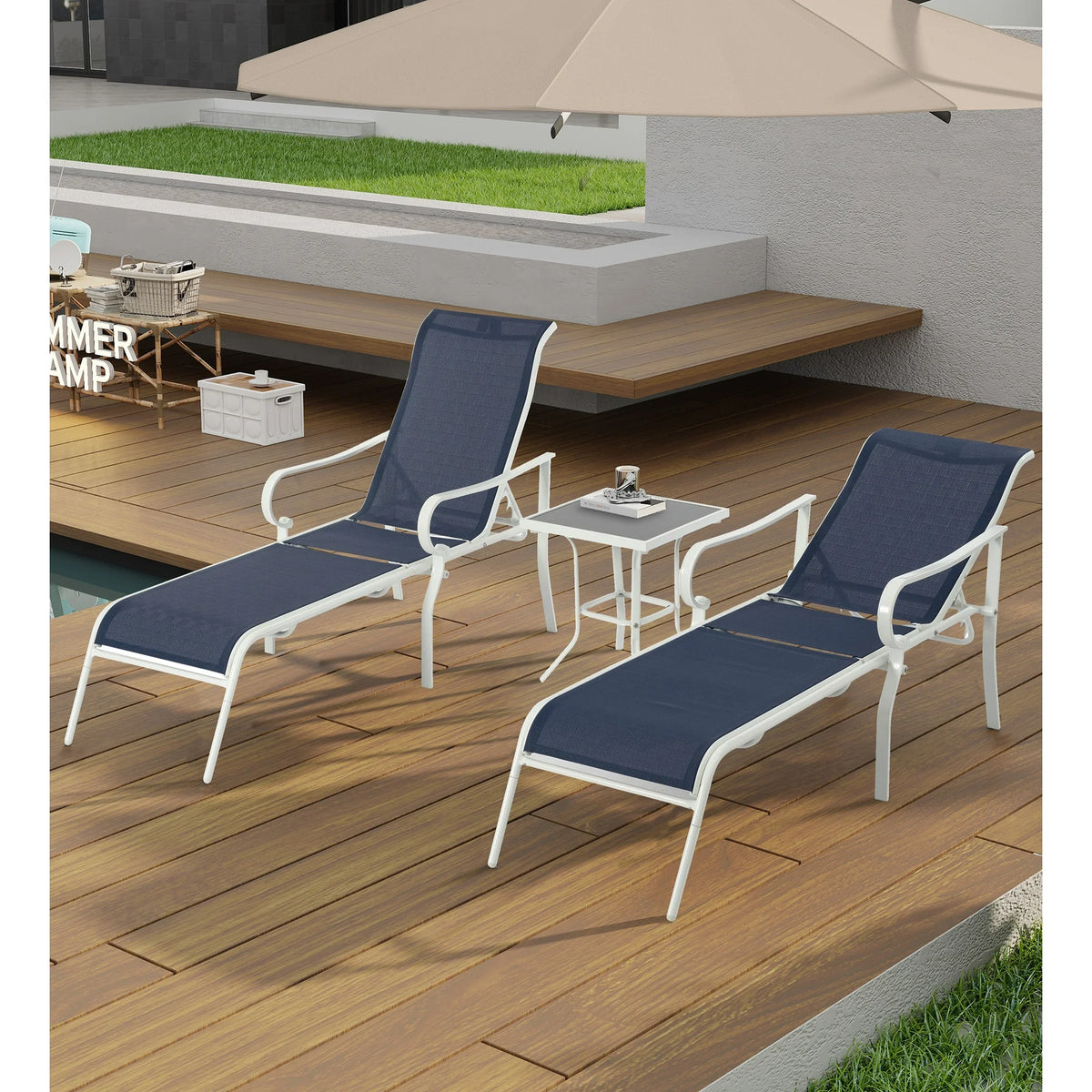 SEGMART Outdoor Lounge Chairs Set of 3, Adjustable Patio Chaise Lounges with Side Table, Lounger Recliner for Poolside, Backyard, Porch,440lb Capacity - Blue