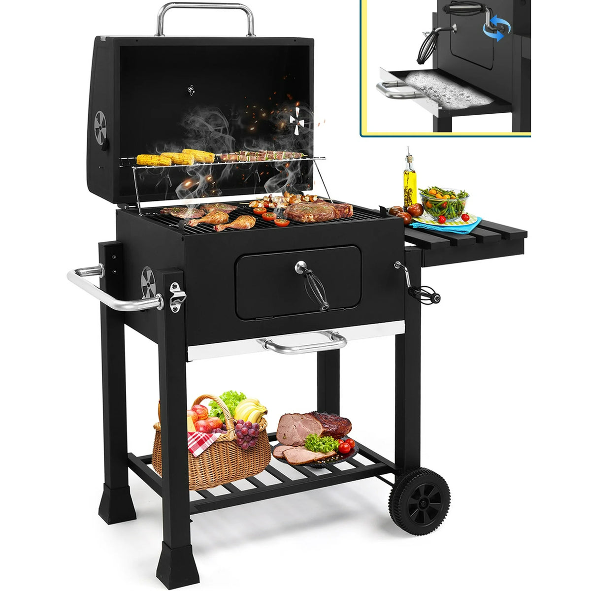 Seizeen 22.5'' Outdoor Heavy-duty BBQ Charcoal Grill Adjustable, Portable Smoker Grill w/ Foldable Side Table, Wheels, Storage Shelf