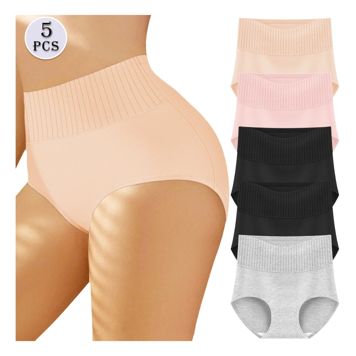 MEIYATING Women's High Waisted Cotton Panties - Tummy Control Full Coverage Underwear 5 Pack