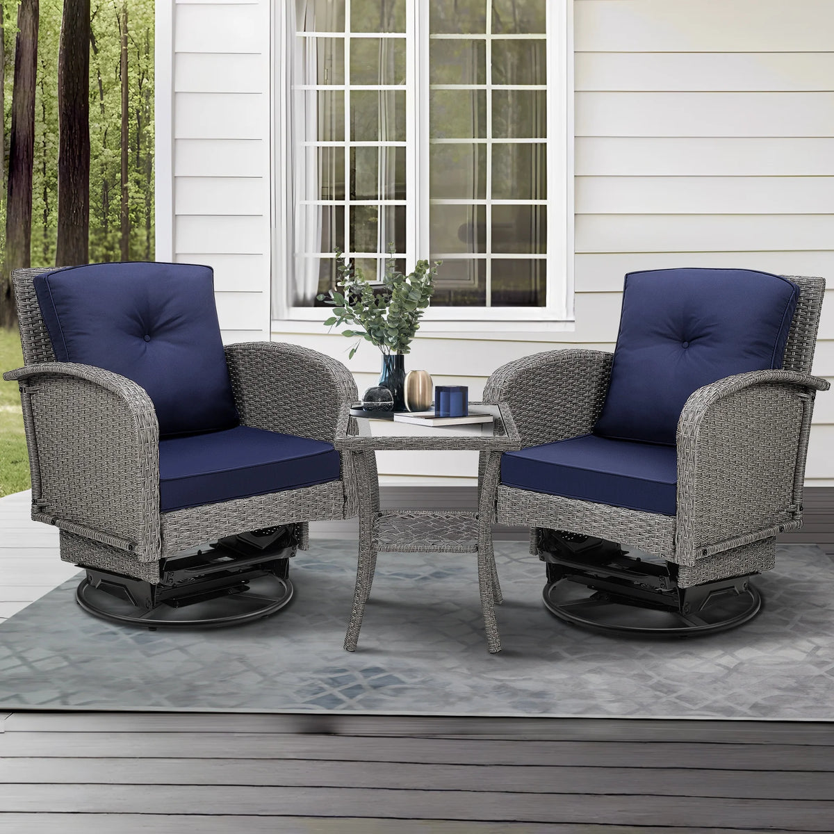 Segmart 3-piece Patio Furniture Set, Outdoor Conversation Set Swivel Rocking Chairs for Patio Porch Deck, with Coffee Table & Thickened Cushions