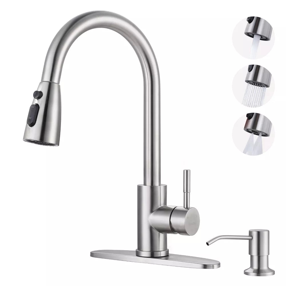 WOWOW Classic Single Handle Pull-Down Sprayer Kitchen Faucet with Soap Dispenser