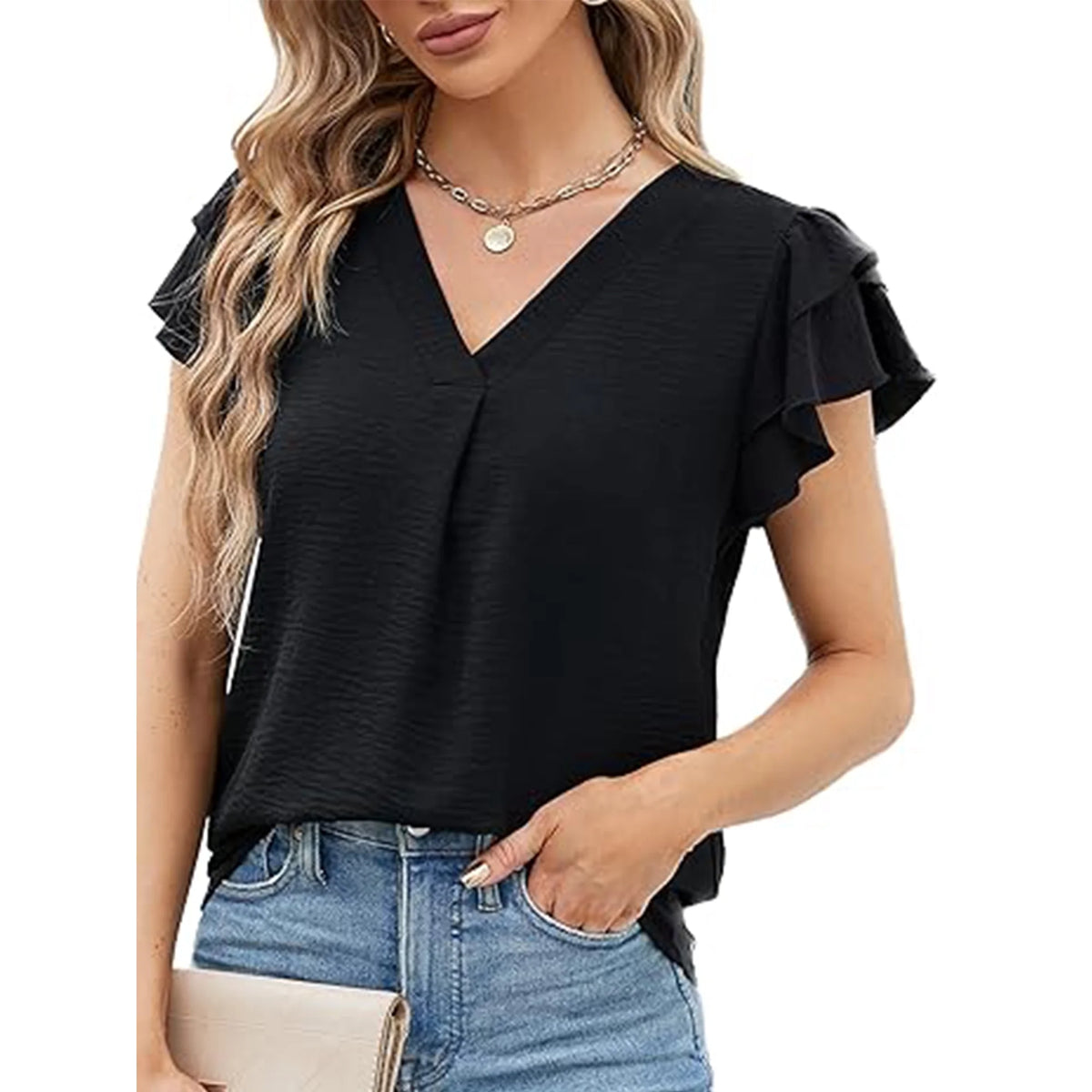 VDJ Womens Blouses Short Sleeve V Neck Shirts Business Casual Drak Blue Tunic Tops Trendy Tshirts Clothing Size L