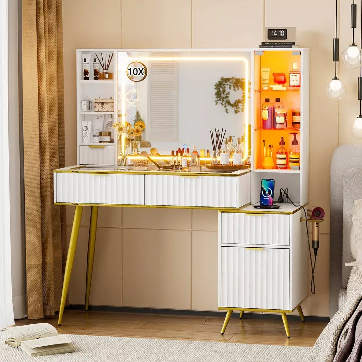 PAKASEPT Makeup Vanity Desk, Dressing Table with Lights & Power Outlet, Fluted Vanity Desk with Glass Top, 3 Drawers and 2 Cabinet