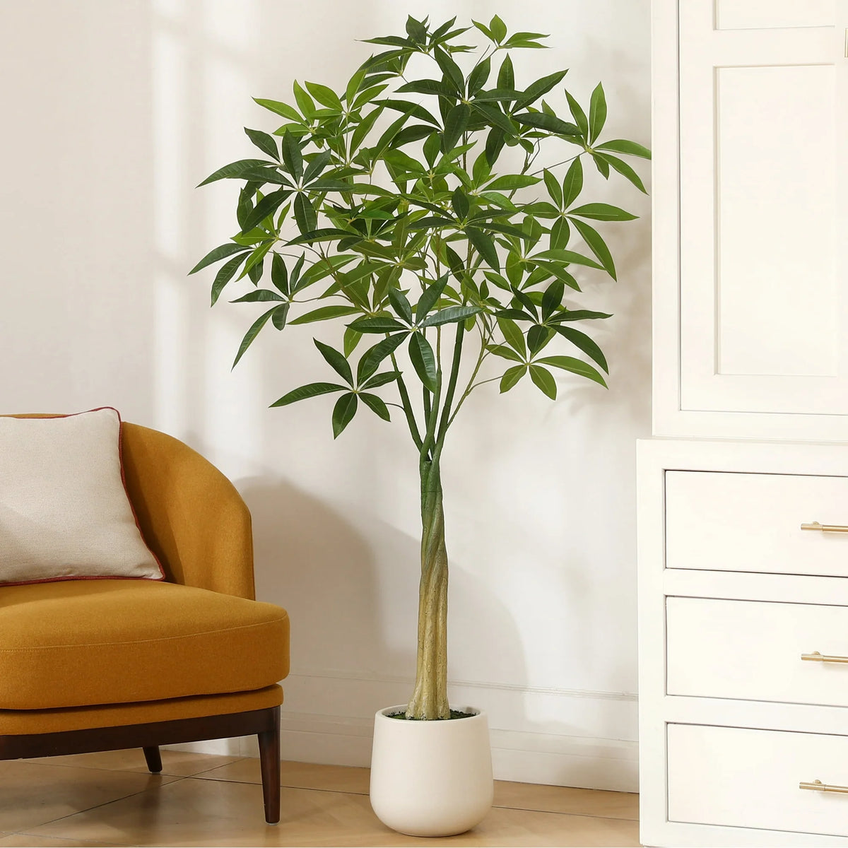 5ft Fake Ficus Tree with Oval White Planter, Pre Potted Faux Money Tree for Home Decor Office House Living Room Indoor Outdoor, Big Fake Plants Fake House Plants