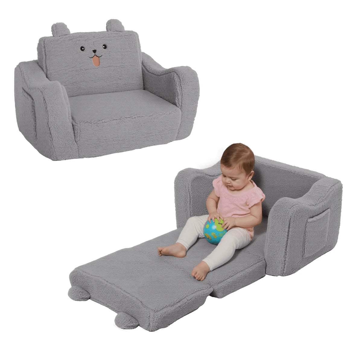 AILEEKISS Toddler Sofa, Foldable Kids Sofa Couch, Convertible Baby Lounger Chair for Playroom, Grey