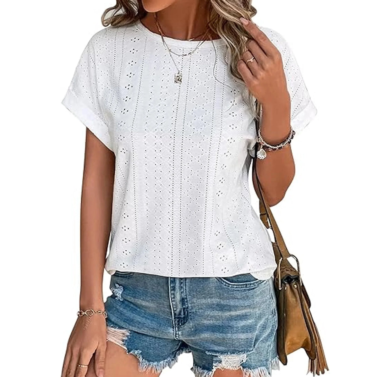 TEMOFON Womens Tops Eyelet Embroidery Summer Spring Crewneck Casual Short Sleeve Blouse Trendy T Shirts for Womens Clothes Trendy Shirts Tunic Tops