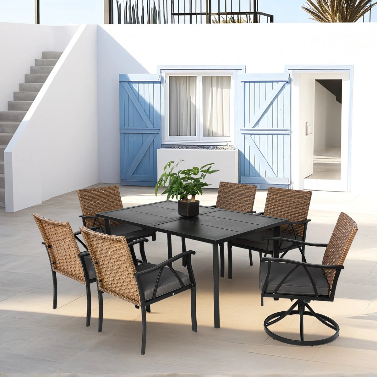 7 Piece Patio Dining Set, Outdoor Table and Chairs Set for 6, Outdoor Sectional Dining Table Set with 4 Armchairs, 2 Swivel Chairs and Table, PE Rattan Furniture Set for Patio Backyard Poolside