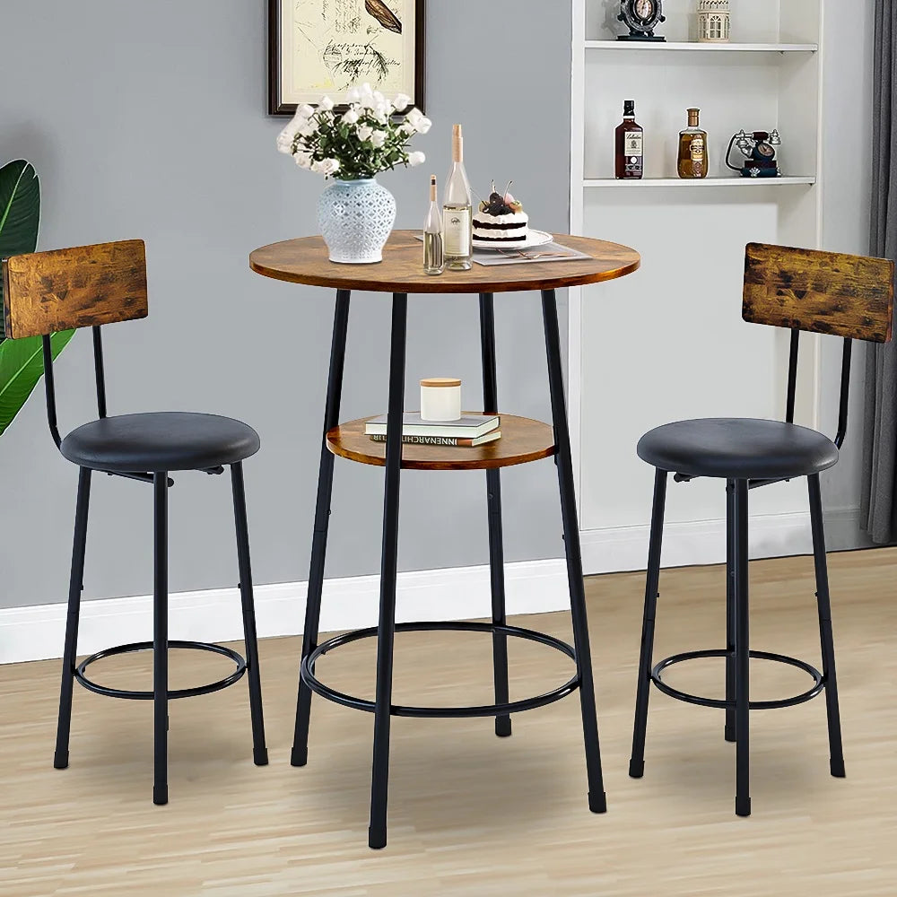 Counter Height Table Set of 3, Breakfast Bar Table and Stool Set, Minimalist Dining Table with Backrest Stools, Wood Top Pub Table & Chair Set for Kitchen Apartment Bistro - Rustic Brown