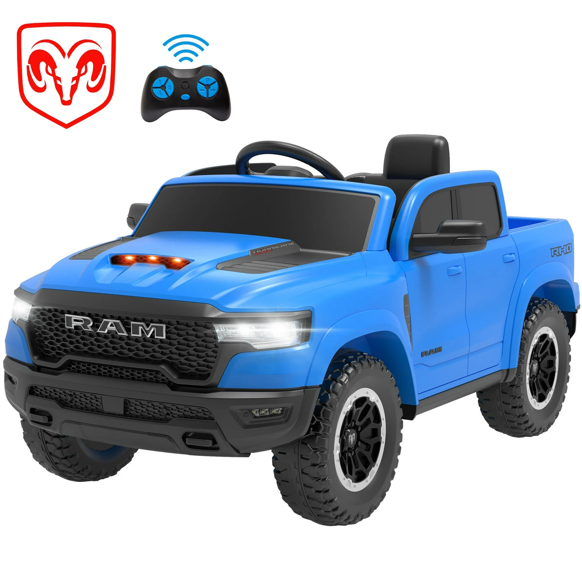 RAM Ride on Car, 12V Powered Ride on Toy with Remote Control, 4 Wheel Suspension, 5 Point Safety Belt, MP3 Player, Bluetooth, LED Lights, Electric Cars for 3-6 Years Boys Girls, Blue