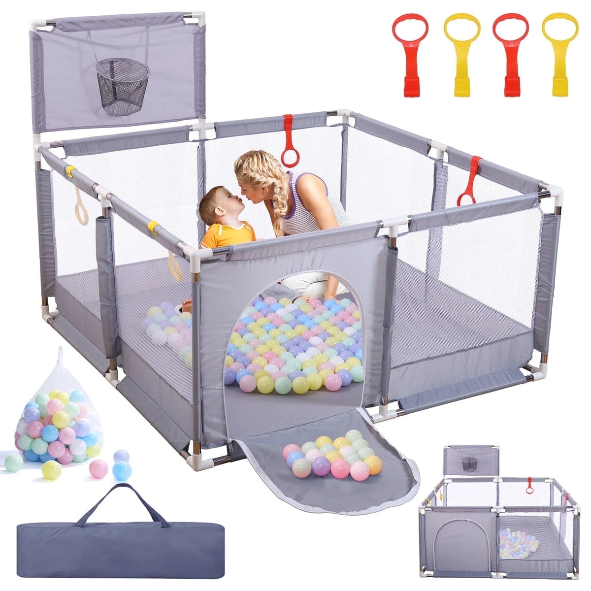 JoyStone Baby Playpen with 30 Ocean Ball, 50 x 50 inch Baby Playard, Baby Fence with Soft Breathable Mesh & Basketball Hoop, Grey