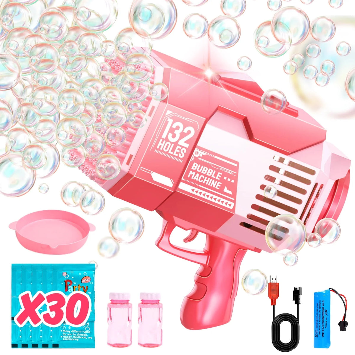 JoyStone Bubble Machine, 132 Holes Automatic Bubble Gun Toys with Colorful Lights and 30 Packs Refill Solution for Kids, Pink