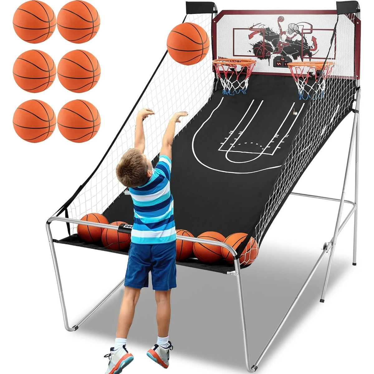 Dual Shot Basketball Arcade Game, Segmart Foldable Indoor Electronic Arcade Basketball Game with 6 Balls, 8 Modes, LED Scoreboard, Air Pump, Battery Powered for Kids Adults, Black