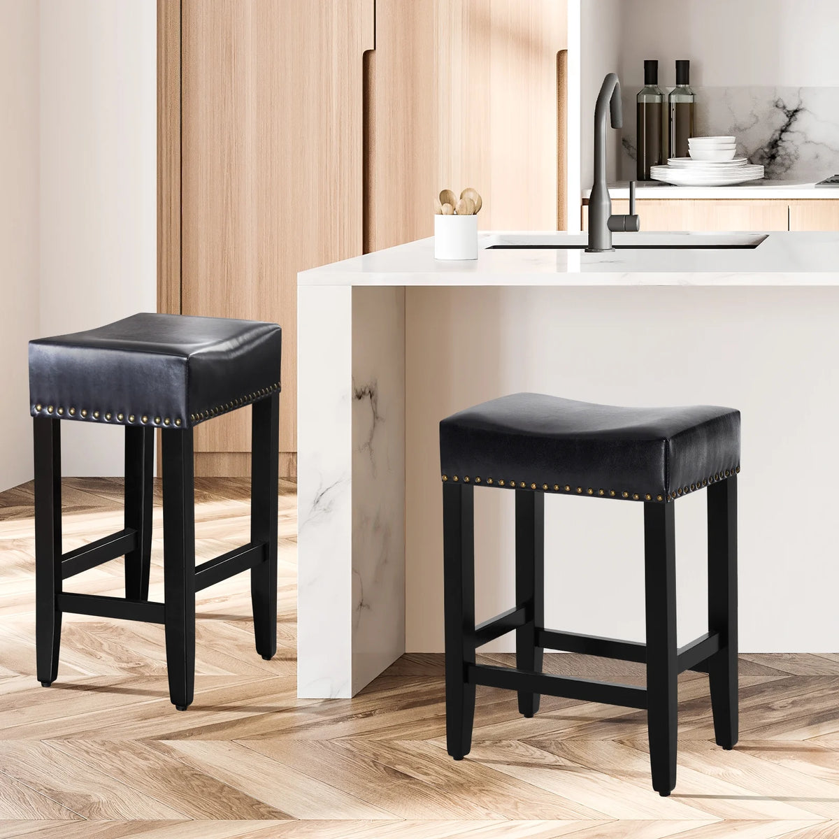 Furniliving Modern Backless Counter Stool Rubber Wood Saddle Seat Stool Kitchen Counter Bar Stool,Set of 2,Black