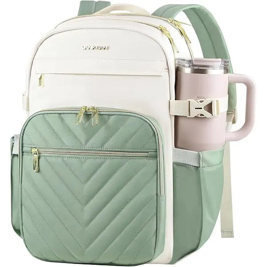 VANKEAN 15.6 Inch Laptop Backpack for Women Large Capacity Beige Light Green 15.6 Inch