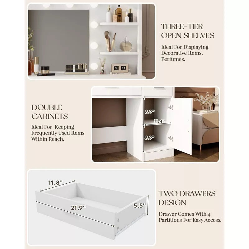 HYLEORY Vanity Desk with Mirror, Power Outlet and 10 Lights, Makeup Table with 3 Drawers,3 Color Modes Available for Bedroom