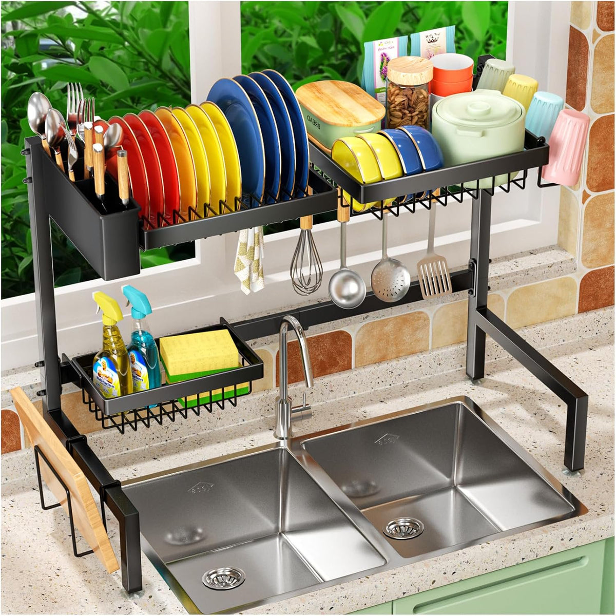 2-Tier Over The Sink Dish Drying Rack, Kitchen Large Dish Drying Rack Over The Sink, Suitable for Most Sinks, Effective Dish Drying, Kitchen Drying Rack（24.8"-35.4"）