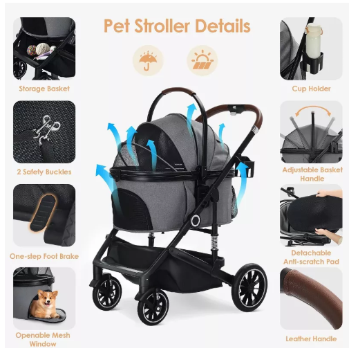 Kinder King 3-in-1 Pet Stroller for Dog, Folding Cat and Dog Stroller with Detachable Cradle