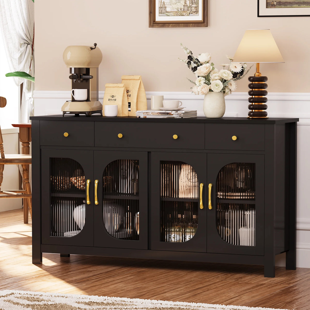 55" Sideboard Buffet Cabinet with Storage, Buffet Table with 3 Drawers and 4 Glass Doors, Kitchen Coffee Bar Cabinet with Adjustable Shelves for Dining Room, Living Room