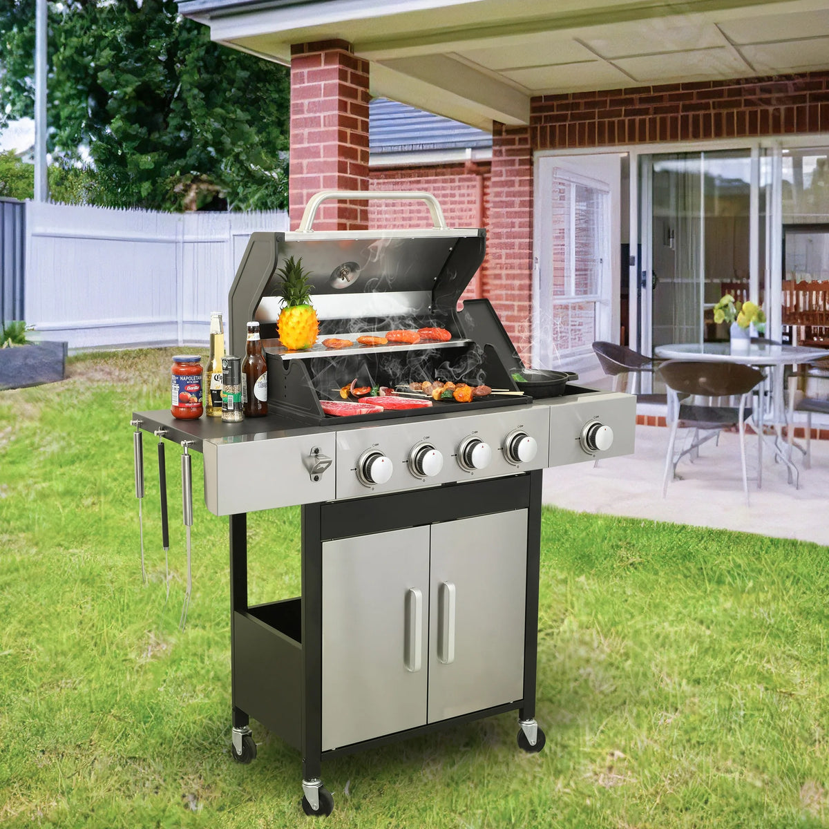 Segmart 4 Burner BBQ Propane Gas Grill with Side Burner, Stainless Steel 46,790 BTU Patio Garden Barbecue Grill with Thermometer, Wheels, and Bottle Opener, Perfect for Camping, Outdoor Cooking