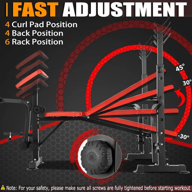 VIBESPARK Adjustable 6-In-1 Weight Bench, 600lbs Foldable Workout Bench with Barbell Rack & Leg Extension for Home Gym, Multi-Function Strength Training Bench Press Exercise Equipment
