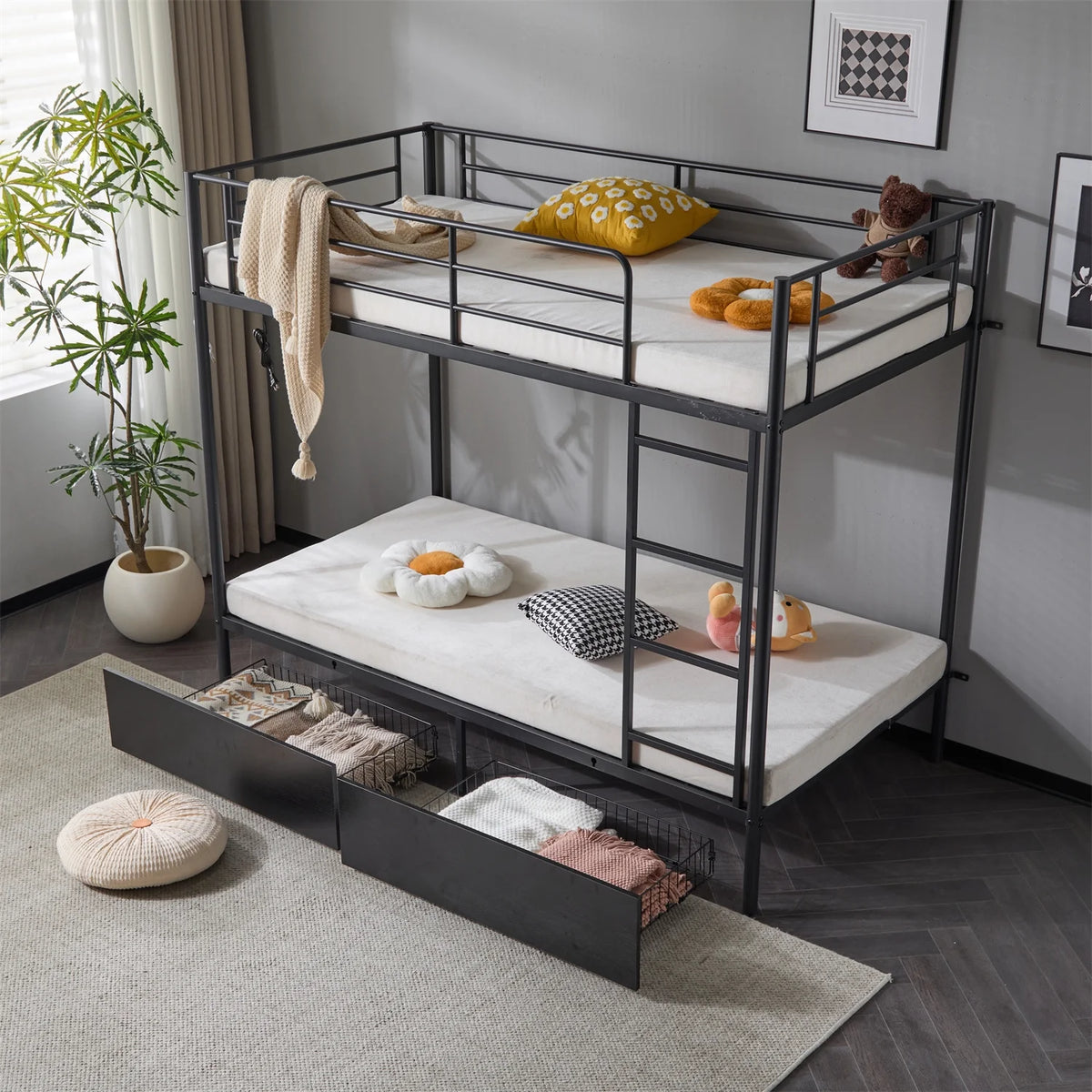 Zimtown Metal Twin-over-Twin Bunk Bed with 2 Drawers and Charging Station, Black