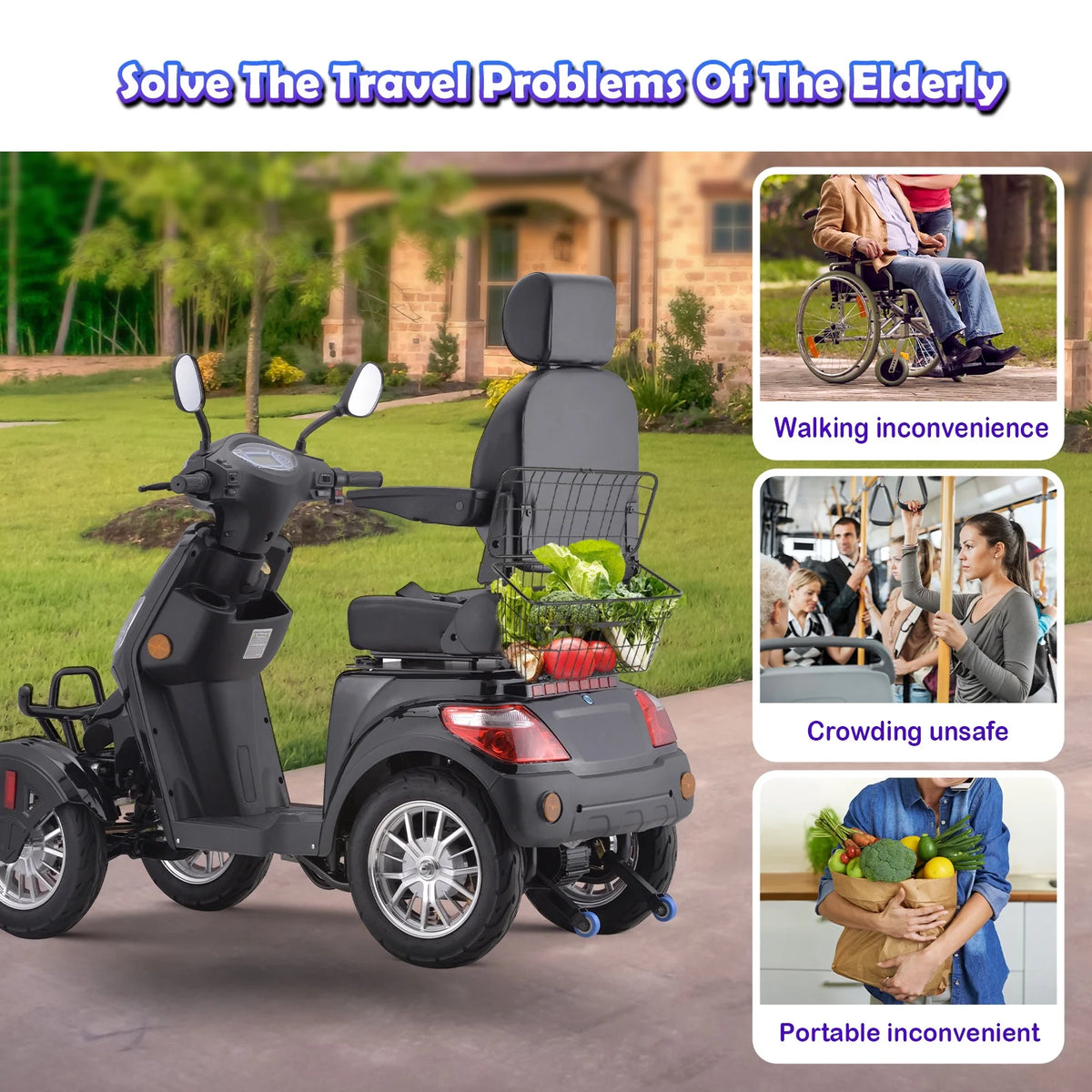 SKRT Large 4 Wheels Mobility Scooter (XW-E01), Electric Heavy Duty Wheelchair Device, 500 LBS Capacity for Seniors & Adults, Speed Adjust, Rear Trunk, Seat Extension
