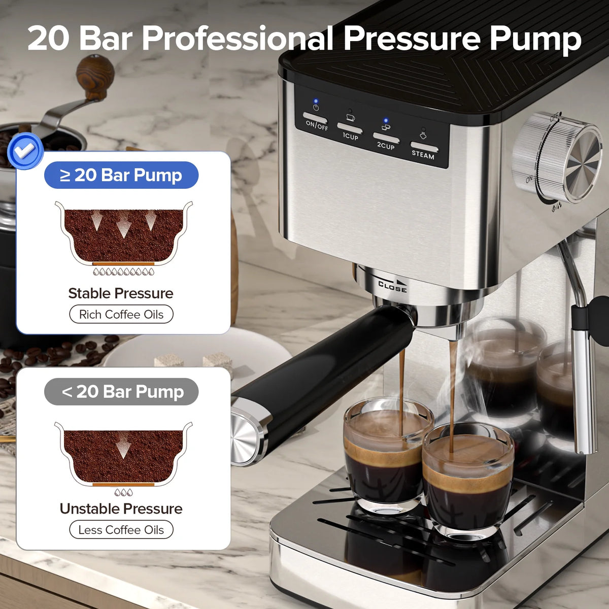 Auseo 20 Bar Espresso Machine with Milk Frother Steam Wand & 40oz Removable Water Tank, for Latte, cappuccino, Stainless Steel