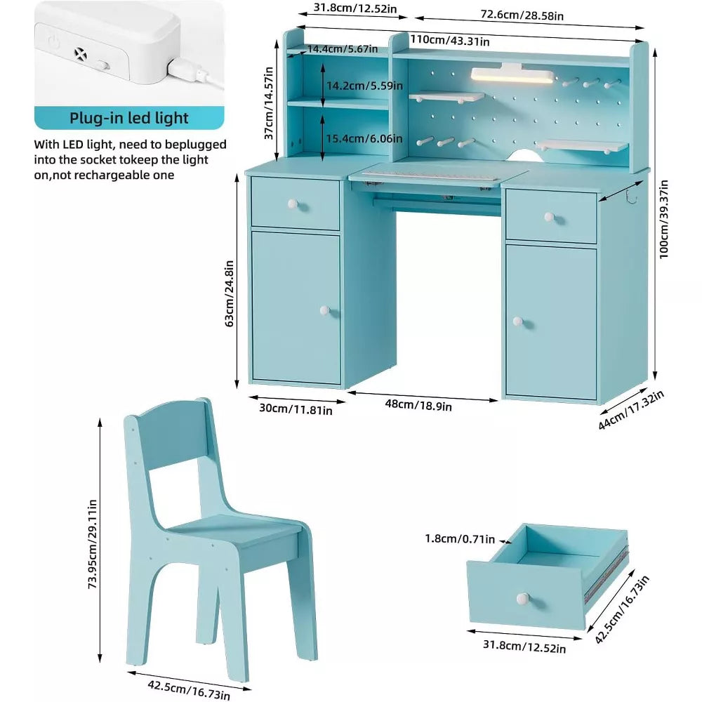 PAKASEPT Kids Desk and Chair Set with Hutch, Wooden Children Table with 3-Color Lights, Tiltable Desktop, Drawers, Storage Shelf, for Kids Bedroom