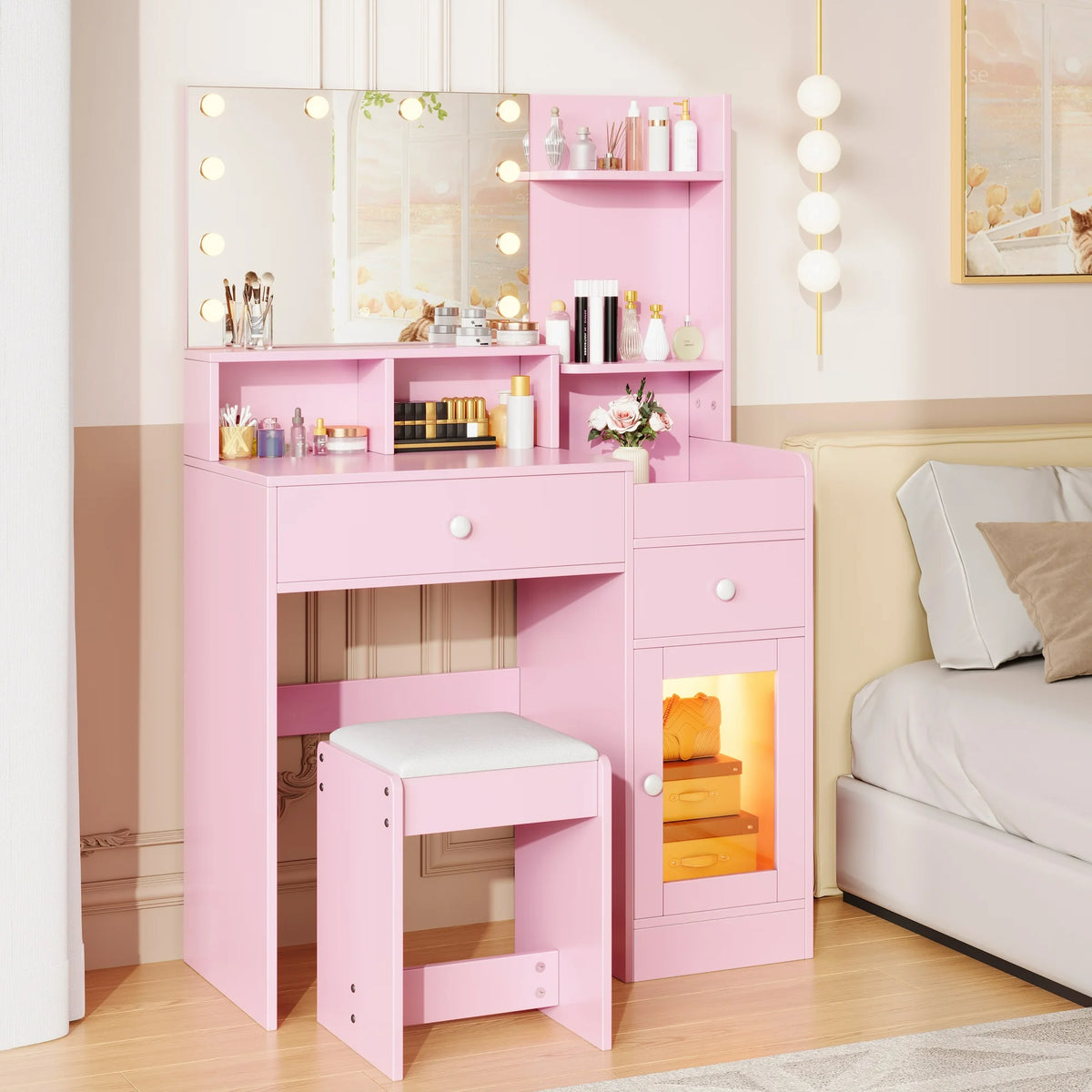 Sesslife Makeup Vanity Set with Bulbs Mirror, Dressing Table with LED Cabinet, Vanity Set for Girls, Women, Pink