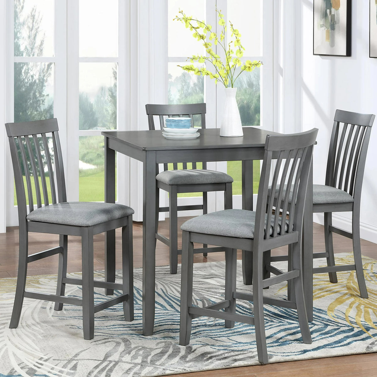 Sesslife 5 Piece Wooden Counter Height Dining Set, Square Table with 4 Upholstered Chairs for Small Space, Gray