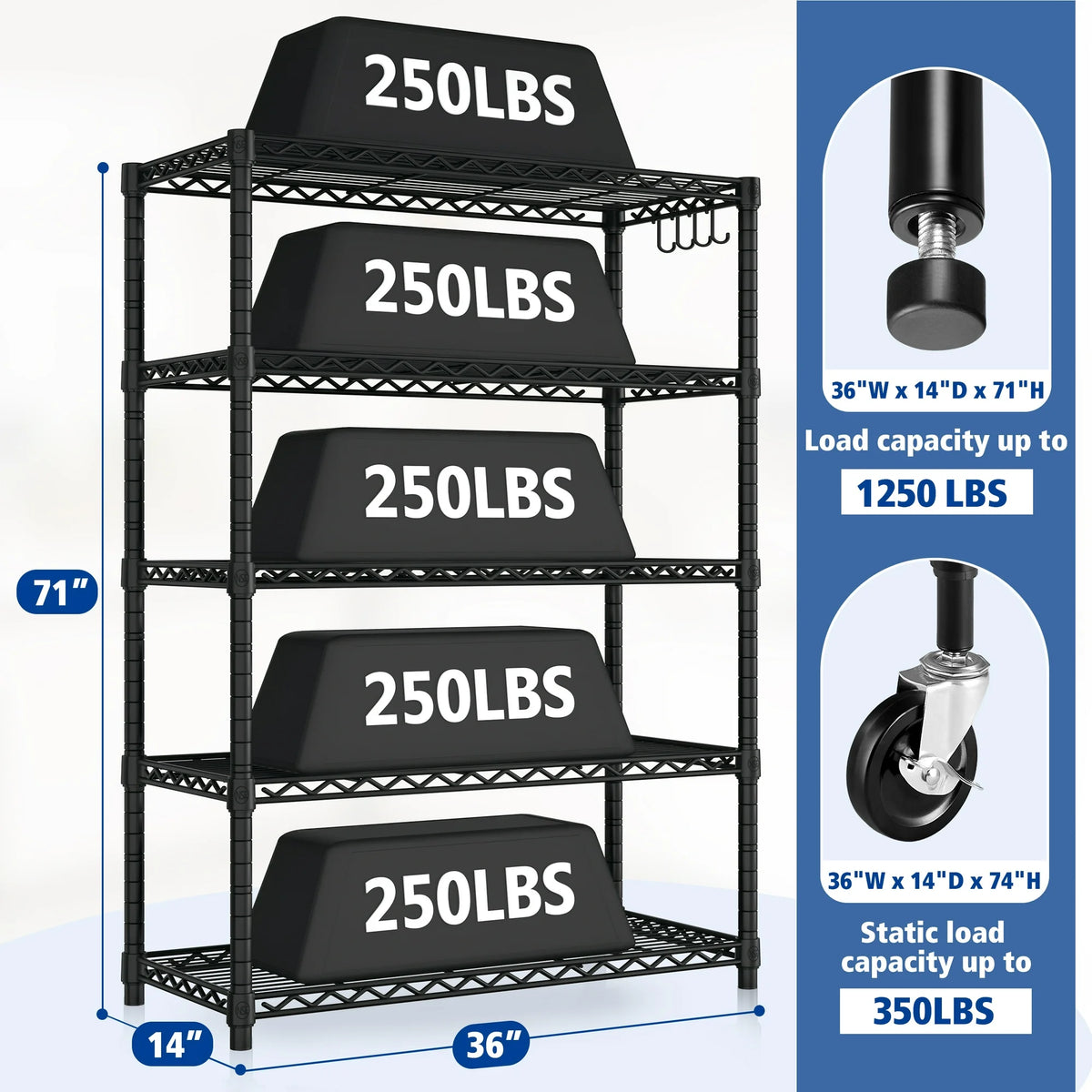 TrumanPick Wire Shelving - 5 Shelf Adjustable Heavy Duty Steel Wire Rack Storage Shelves Organizer for Kitchen, Garage, 36"W x 14"D x 71"H, Black