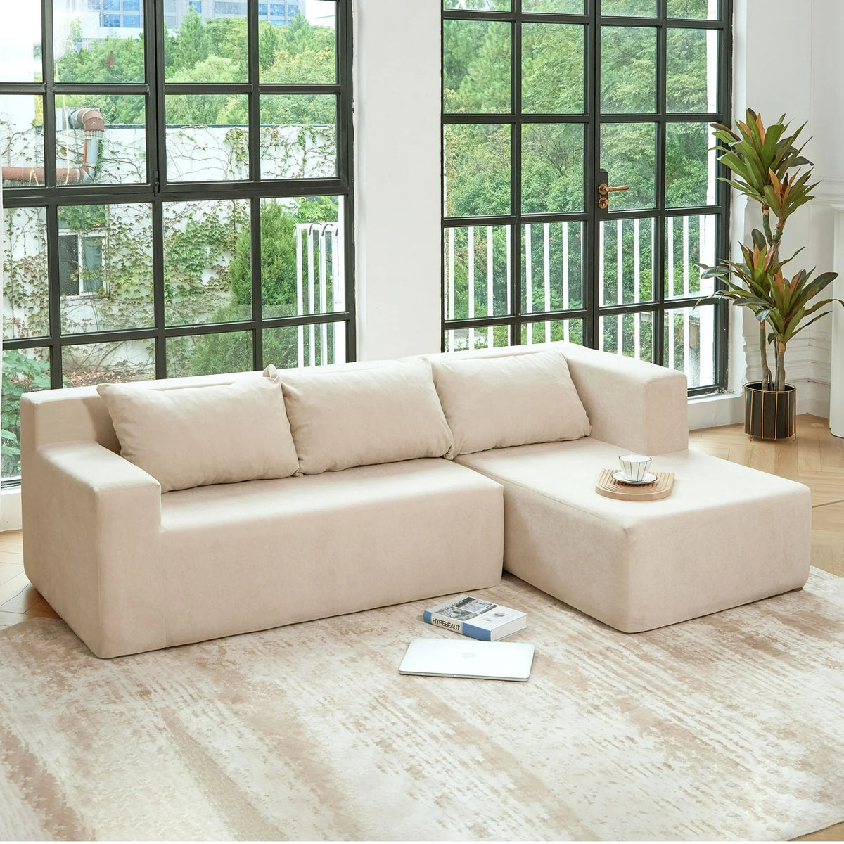 PAPROOS Compressed L-Shape Sectional Sofa Couch with Pillows, Modern Polyester 3 Seater Convertible Upholstered Couches for Living Room, Apartment, No Assembly Required, Beige