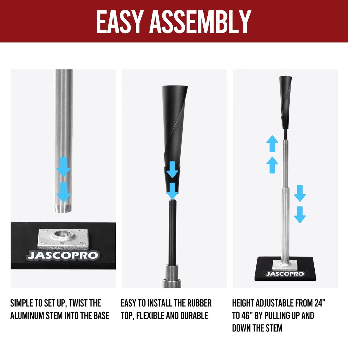 JASCOPRO Metal Baseball Batting Tee, 24-46" Adjustable Height, Handrolled Flexible Rubber Top