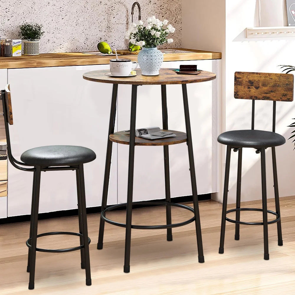 Counter Height Table Set of 3, Breakfast Bar Table and Stool Set, Minimalist Dining Table with Backrest Stools, Wood Top Pub Table & Chair Set for Kitchen Apartment Bistro - Rustic Brown