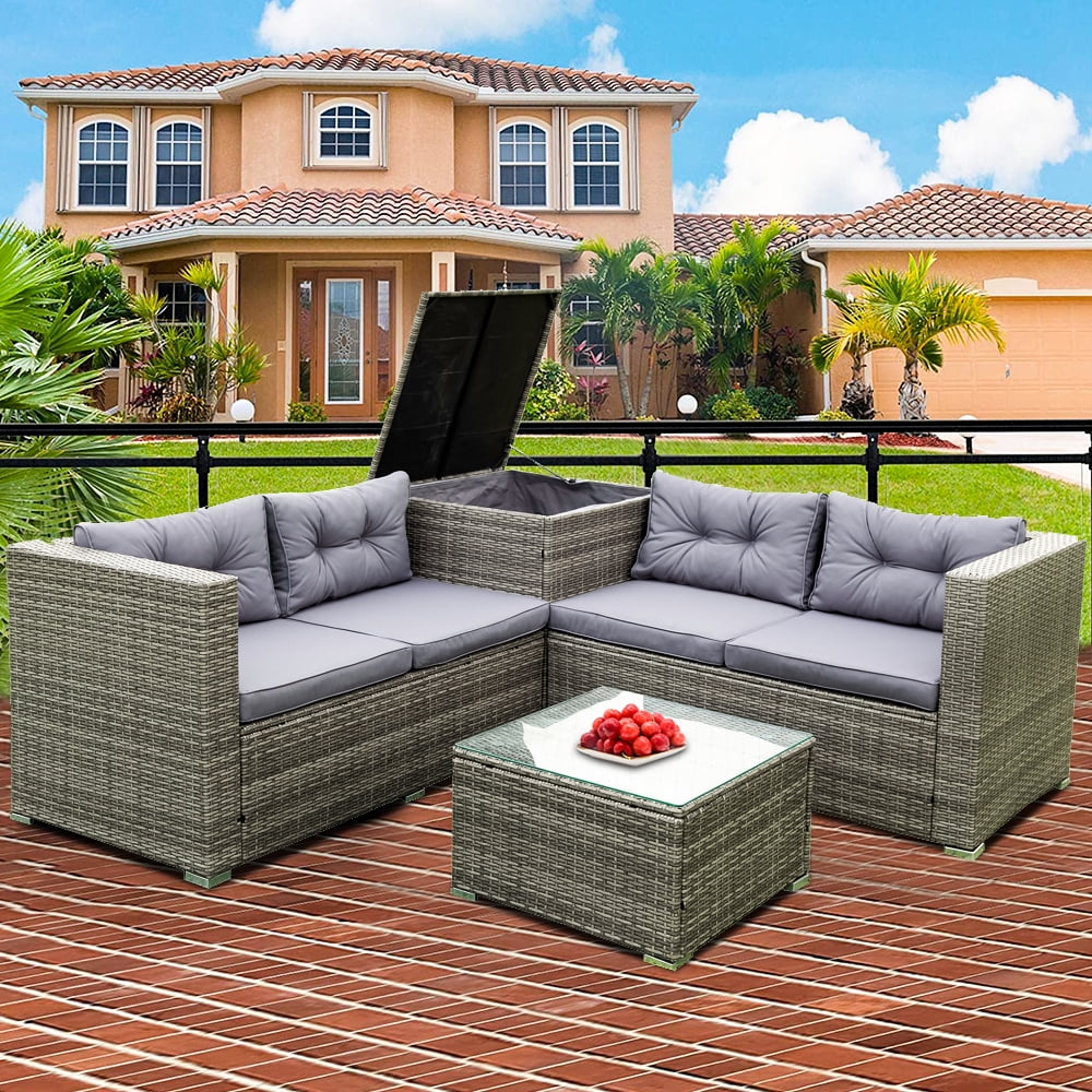 SEGMART 4 Piece Patio Furniture Set, All-Weather Outdoor Sectional Sofa Set, PE Rattan Conversation Set with Storage Box, Table & Cushions, Wicker Furniture Couch Set for Patio Deck Garden