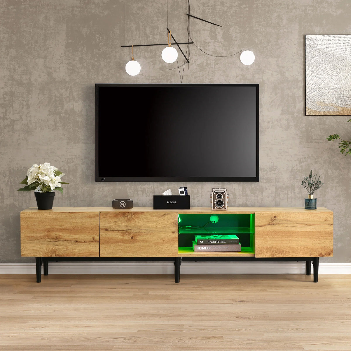 PAPROOS Entertainment Center Scratch Proof & Sturdy 4 Storage Cabinets & Open Shelves, Brown