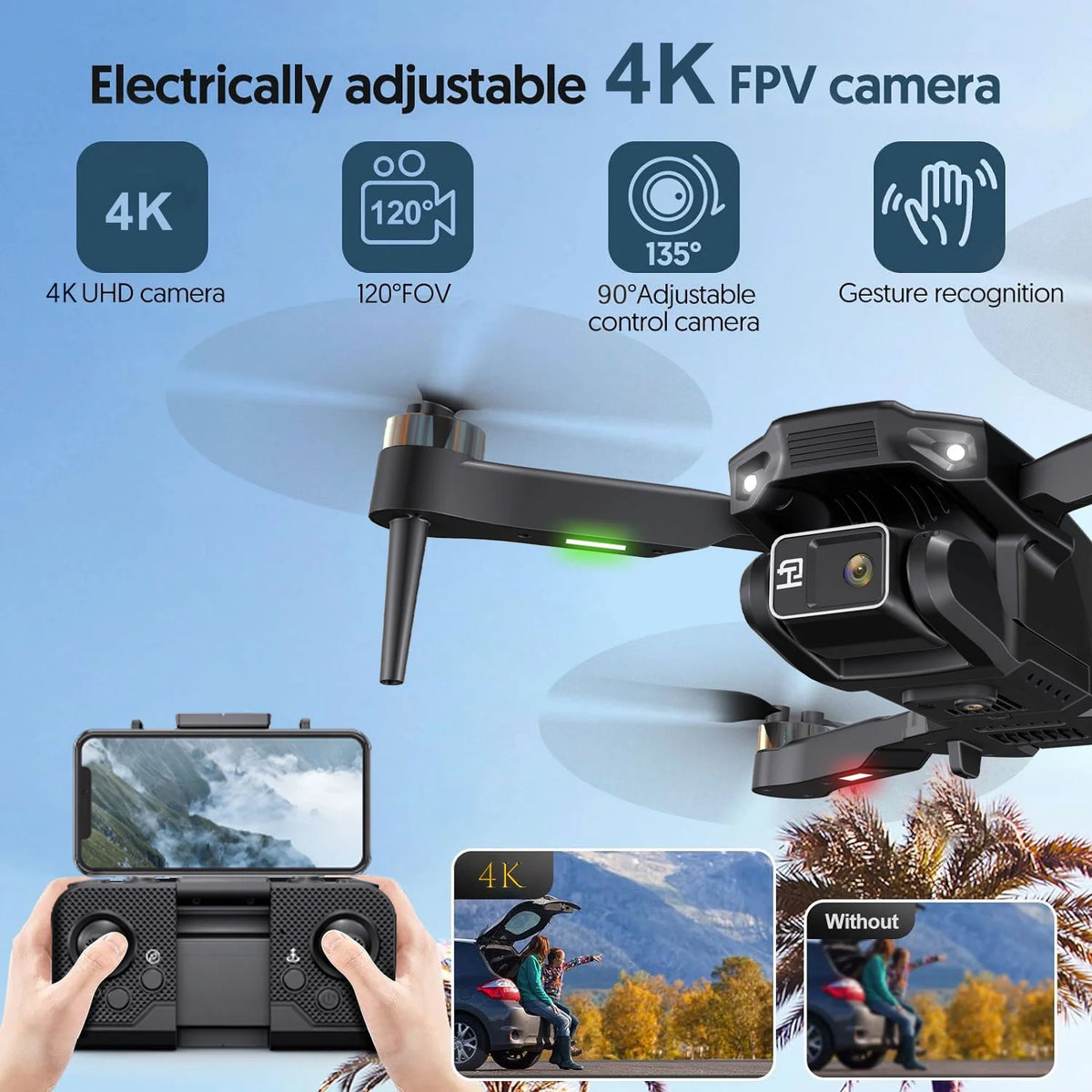 BEEPRINCESS H16 Drone with Camera for Adults 4K, Foldable Drone for Beginners with Brushless Motor, Optical Flow Positioning, with 2 Batteries and Carrying Case