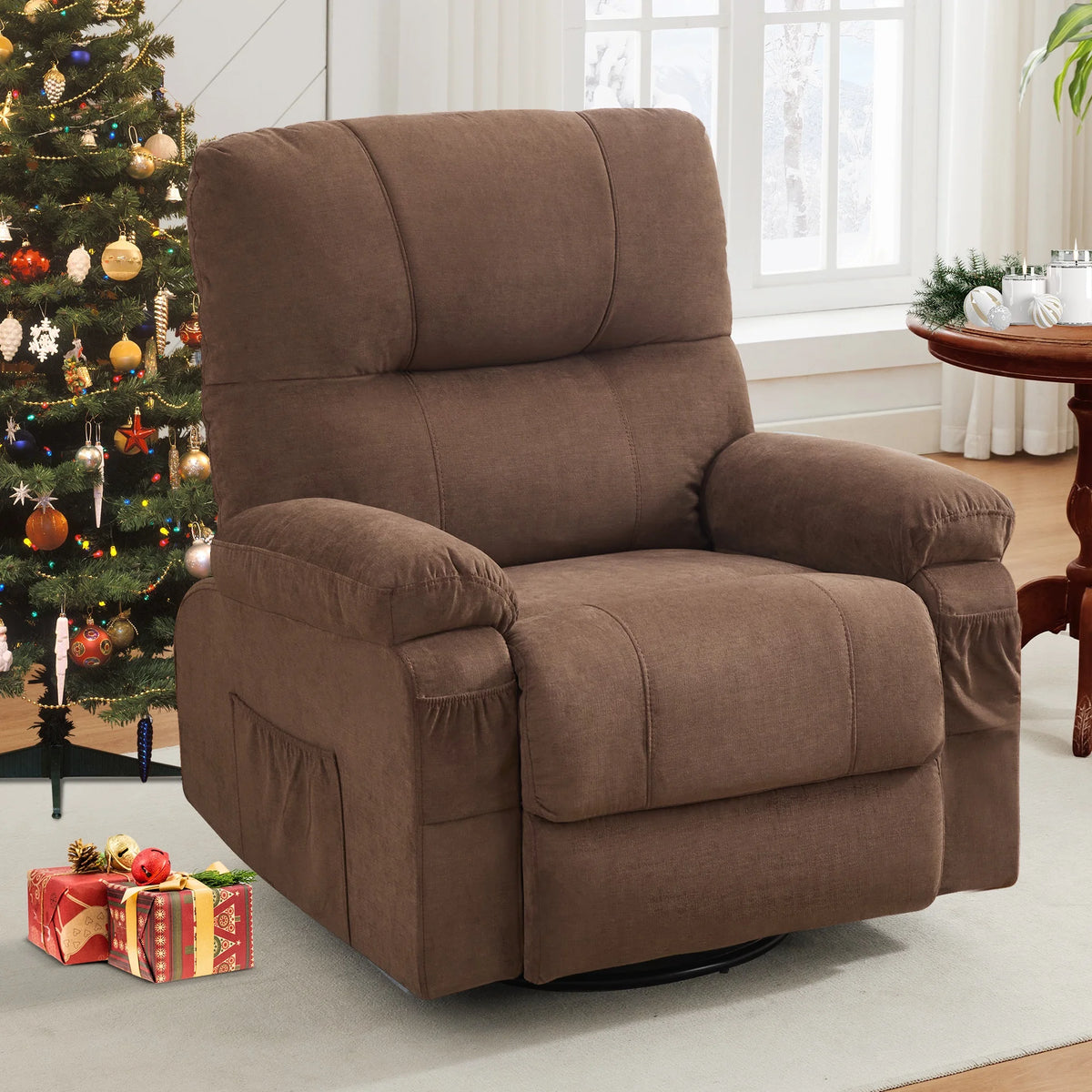 PAPROOS Swivel Rocking Recliner Chair, Linen Fabric Rocking Chair with Cup Holders and Side Pocket, 360 Degree Rotating Swing Recliner Sofa, Brown