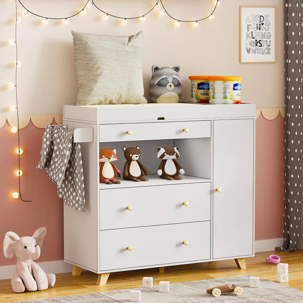 PAKASEPT Modern White Changing Table With 1 Cabinet and 3 Drawers