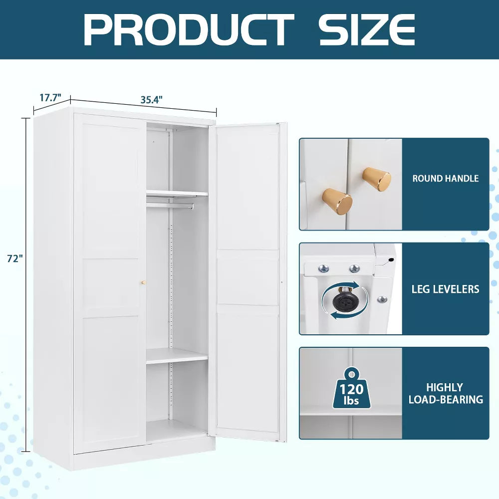 Mlezan 72" Wardrobe: 2 Doors, Hanging Rod, Metal Cabinet for Bedroom, Laundry, or Office. Perfect for Clothing Storage and Organization.