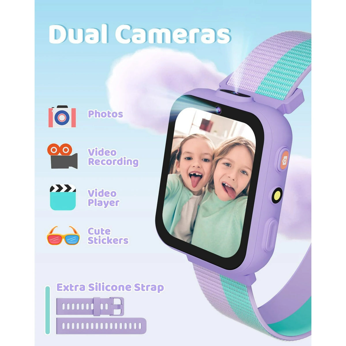 BIGGERFIVE Smart Watch for Kids with Dual Cameras, Two Straps, 30 Puzzle Games, Video & Music Player, Audiobooks, Flashlight, Pedometer, Educational Toys Birthday Gifts for Boys Girls Ages 4-10 Lilac