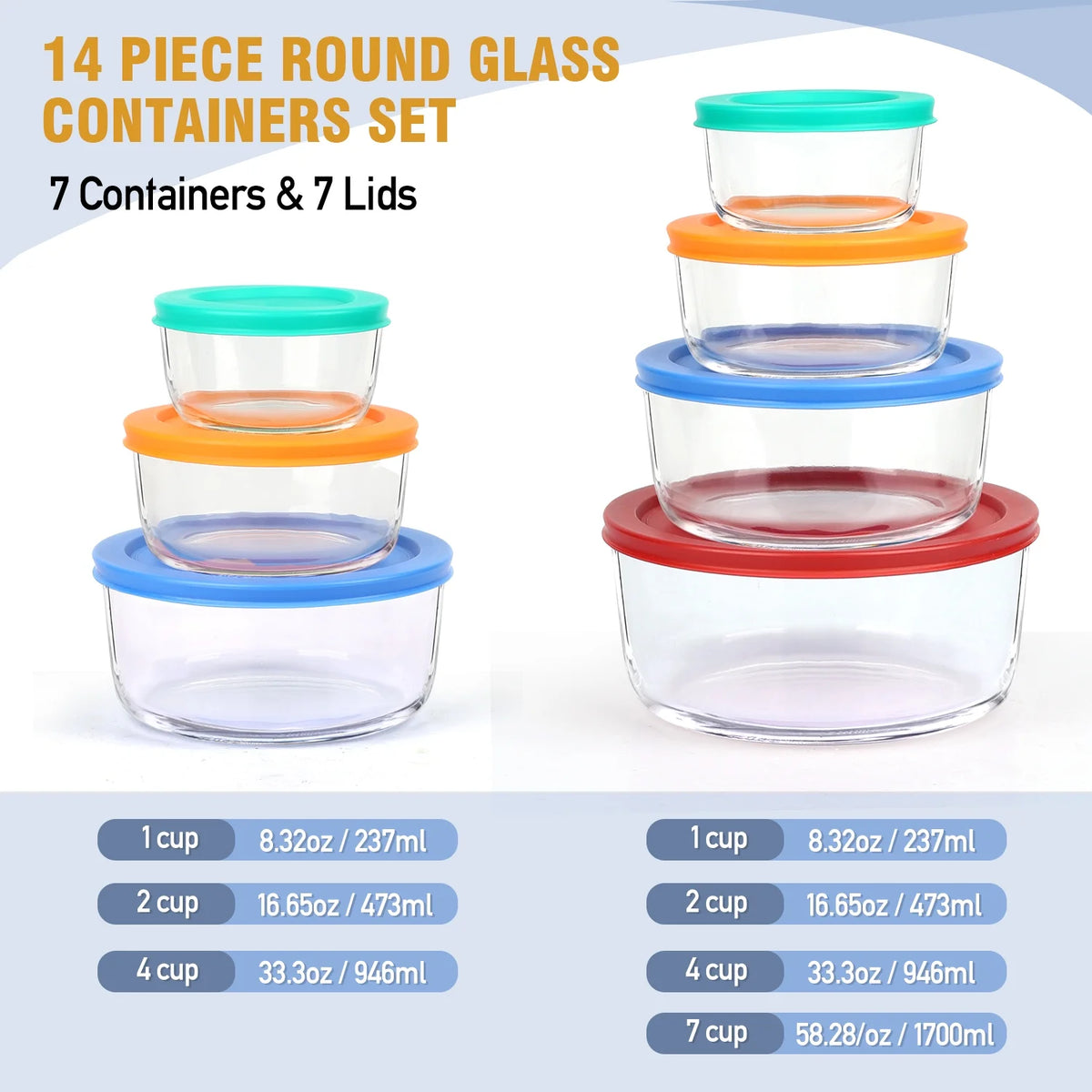 14 Pcs Glass Food Storage Containers Set - 7, 4, 2 & 1-Cup Round Containers with Lids, BPA-Free, Dishwasher & Microwave Safe Lunch Box