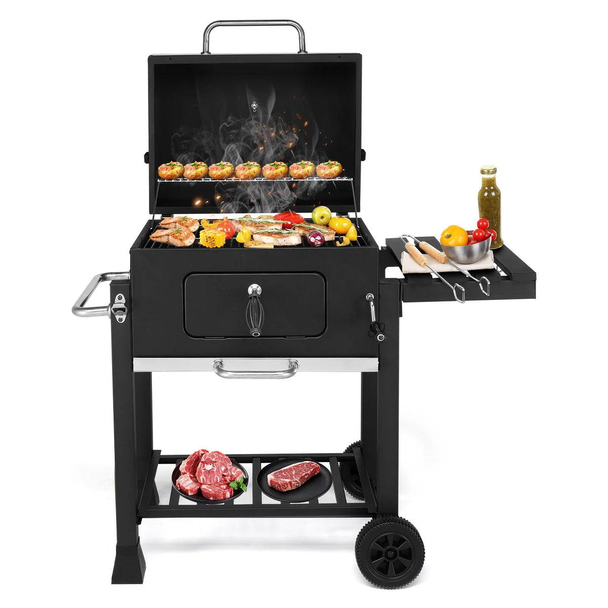 Seizeen 22.5'' Outdoor Heavy-duty BBQ Charcoal Grill Adjustable, Portable Smoker Grill w/ Foldable Side Table, Wheels, Storage Shelf