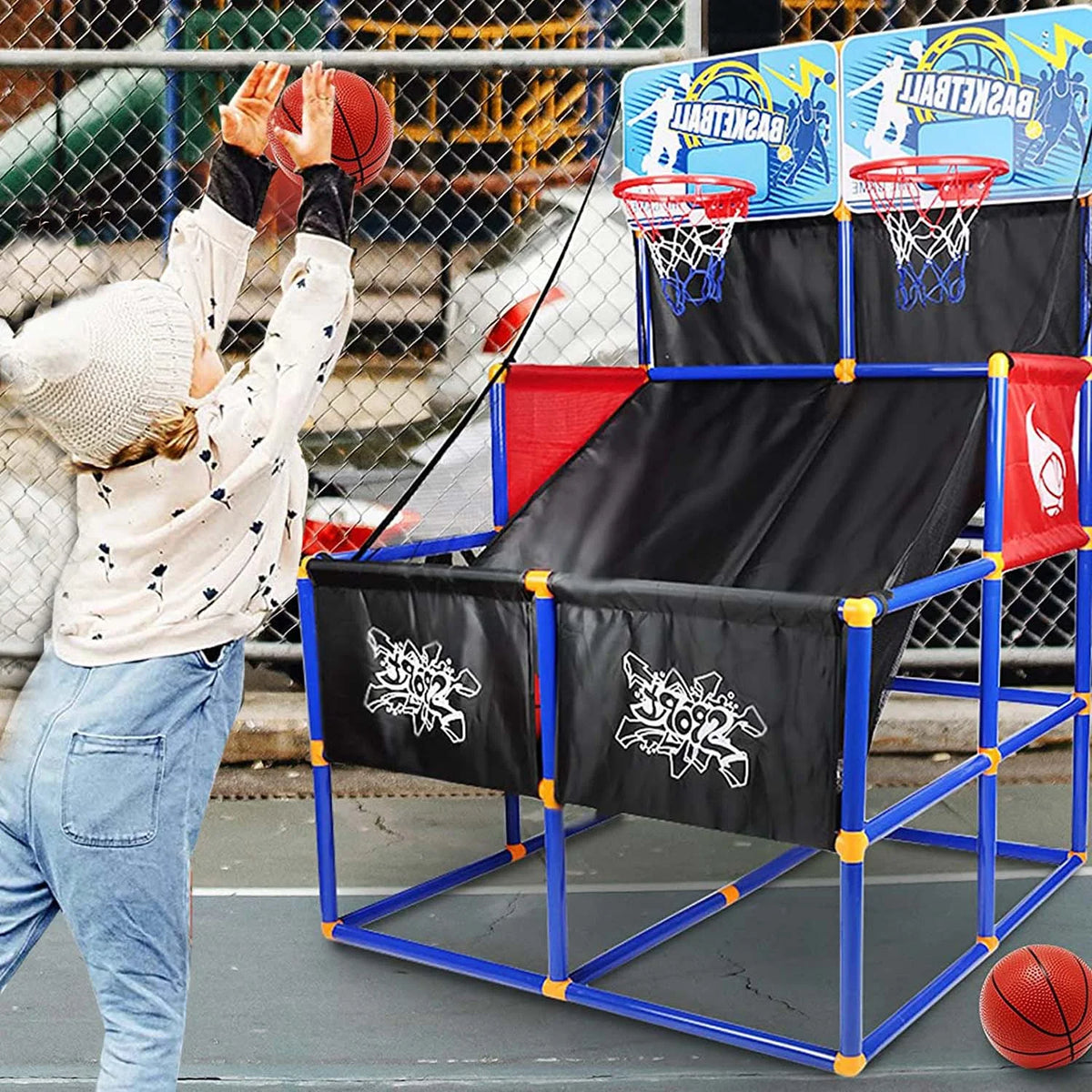 Basketball Hoop Arcade Game for Kids, Basketball Goal with 6 Balls Indoor Outdoor, Basketball Shooting System, Pop a Shot Basketball Game, Sports Toys Gifts for 3-6 Year Old Boys Girls