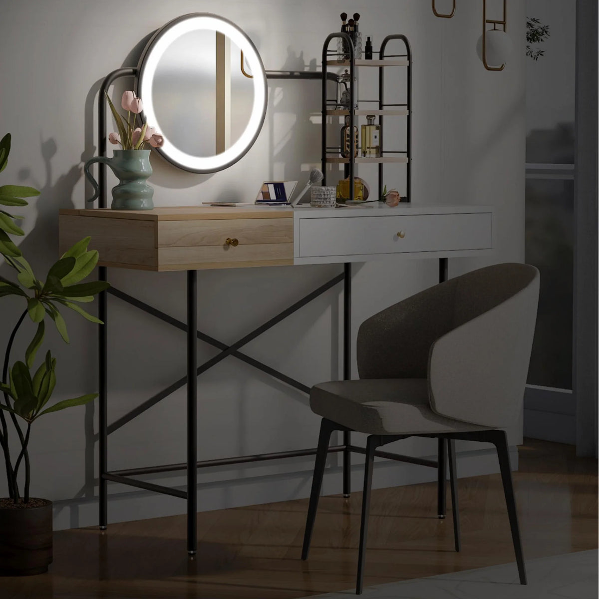 ENYOPRO Makeup Vanity Table with 3-Mode Lighted Mirror & Wireless Charging Station, Modern Makeup Desk, Dressing Table with Drawer & 3 Open Shelves, White