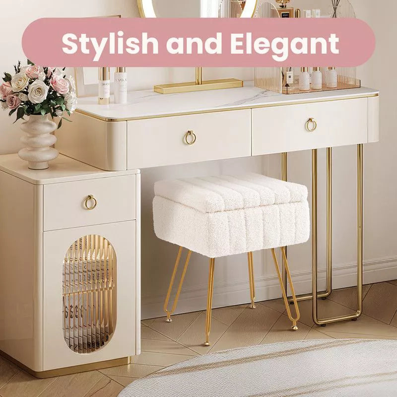 Hyleory Teddy Fabric Storage Ottoman, Vanity Stool Plush with Hidden Storage for Bedroom Living Room Vanity