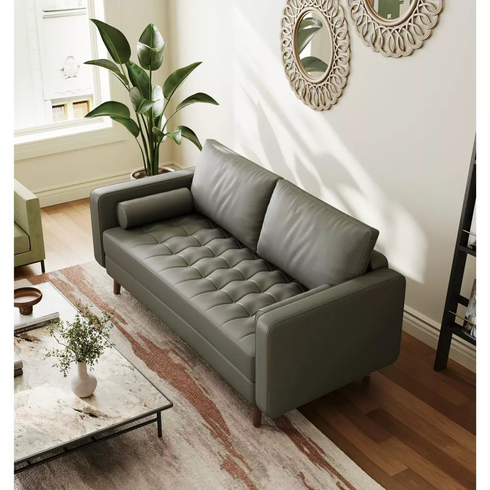 Tree City- 58" Upholstered Mid-Century Modern Faux Leather Square Arm Gray Sofa Loveseat