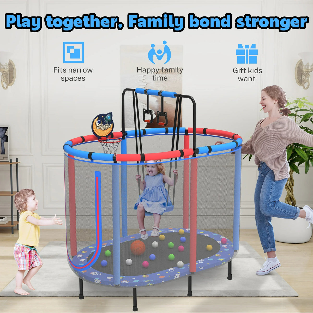 Toddler Trampoline for Kids with Swing, 60" Mini Trampoline with Baksketball Hoop, Segmart Recreational Trampolines with Safety Enclosure Net, Adjustable Toddler Trampoline for Birthday Gifts