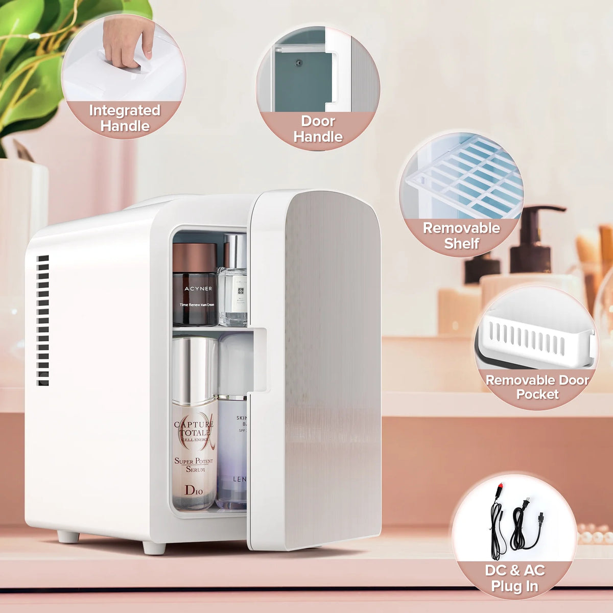 Moifoi Mini Fridge Cooler Personal, 4L Capacity (Holds 6 Cans), Front Door in Durable Stainless Steel, 12v AC/DC, Ideal for Skincare, Makeup, Drinks - White