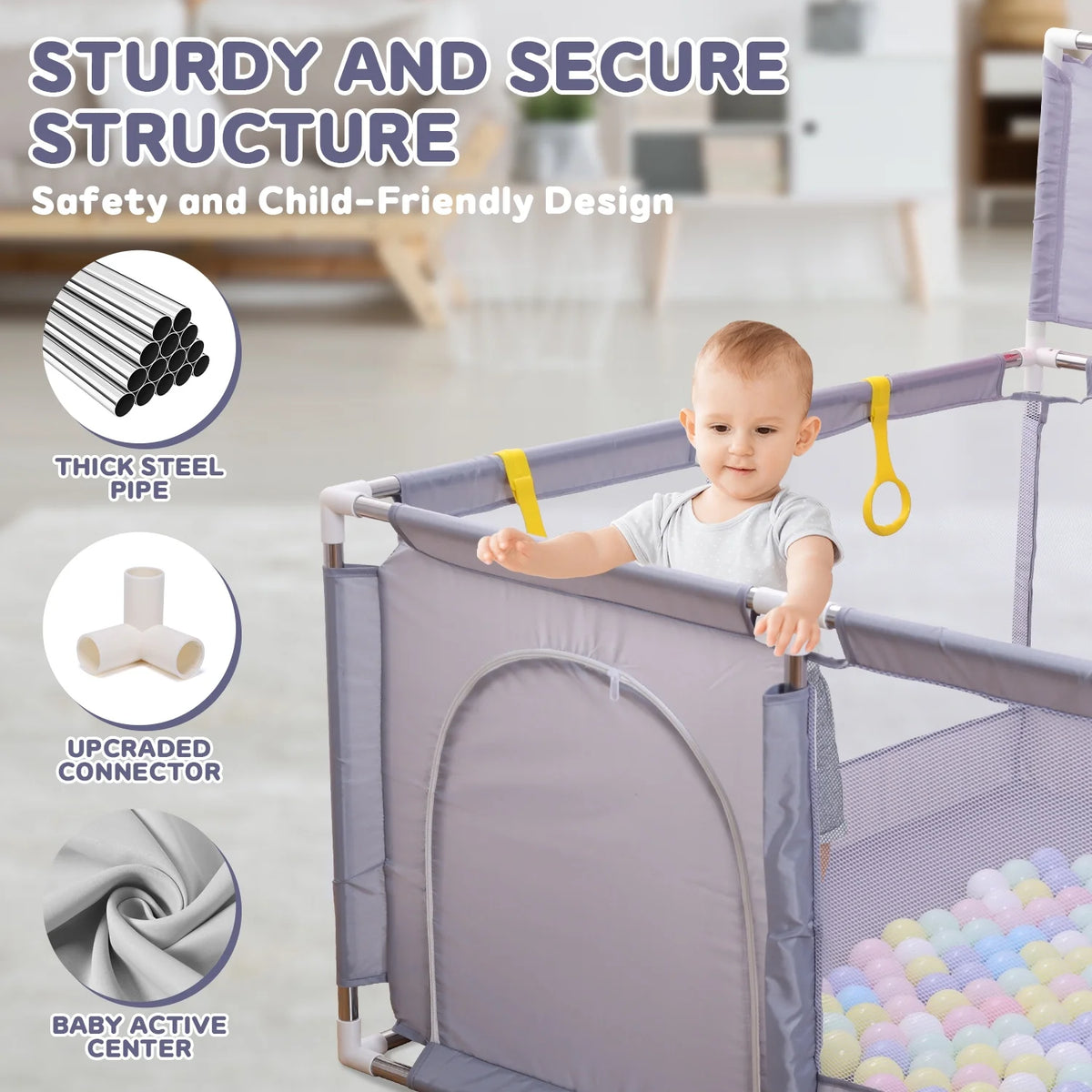 JoyStone Baby Playpen with 30 Ocean Ball, 50 x 50 inch Baby Playard, Baby Fence with Soft Breathable Mesh & Basketball Hoop, Grey